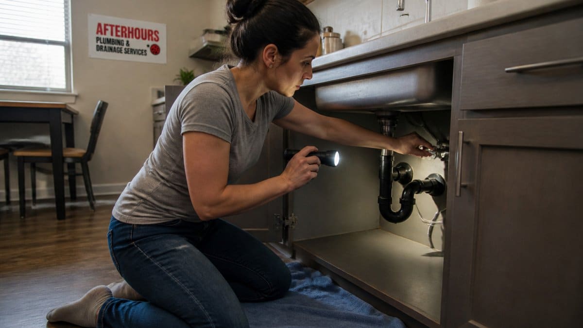Tenant using a flashlight to locate the sink water shutoff valve during a rental property emergency plumbing issue