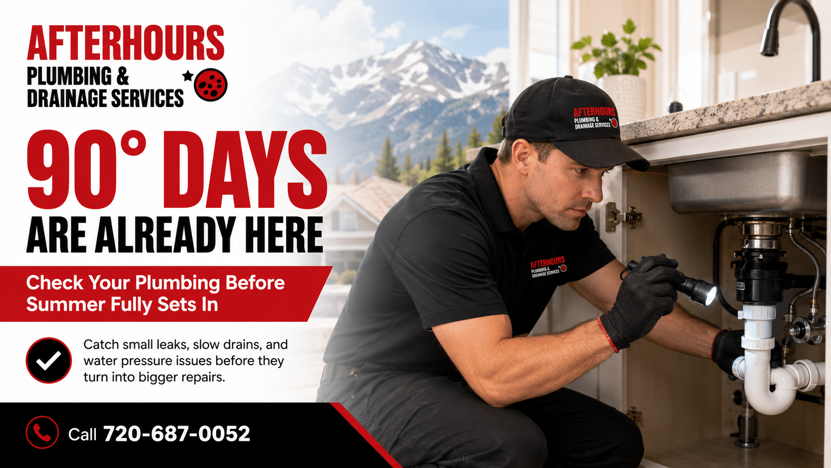 Plumber inspecting kitchen sink pipes with flashlight