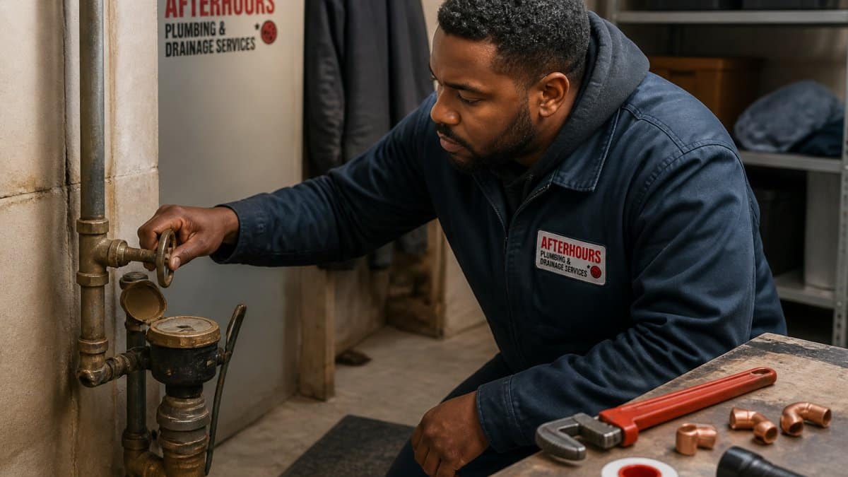 Plumber turning the main water shut-off valve in a basement to prevent damage from pipe bursts